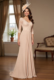 Apricot Mermaid 3/4 Sleeves Long Mother Of The Bride Dress With Lace