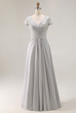 Silver A Line Ruched V Neck Mother Of The Bride Dress