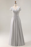 Silver V Neck Ruched A Line Long Mother Of The Bride Dress