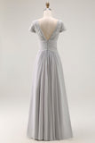 Silver A Line Ruched V Neck Mother Of The Bride Dress