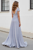 Silver V Neck Ruched A Line Long Mother Of The Bride Dress