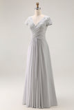 Silver A Line Ruched V Neck Mother Of The Bride Dress