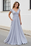 Silver V Neck Ruched A Line Long Mother Of The Bride Dress