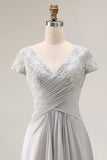Silver A Line Ruched V Neck Mother Of The Bride Dress