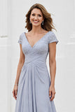 Silver V Neck Ruched A Line Long Mother Of The Bride Dress
