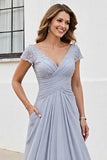 Silver V Neck Ruched A Line Long Mother Of The Bride Dress