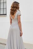 Silver V Neck Ruched A Line Long Mother Of The Bride Dress