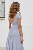 Silver V Neck Ruched A Line Long Mother Of The Bride Dress