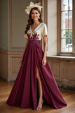 Burgundy A Line Long V-Neck Mother Of The Bride Dress With Slit