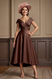 Dusty Rose Ruched A Line V-Neck Cap Sleeves Long Mother Of The Bride Dress