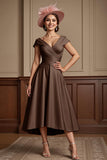Dusty Rose Ruched A Line V-Neck Cap Sleeves Long Mother Of The Bride Dress