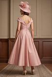 Dusty Rose Ruched A Line V-Neck Cap Sleeves Long Mother Of The Bride Dress