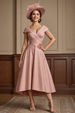 Dusty Rose Ruched A Line V-Neck Cap Sleeves Long Mother Of The Bride Dress