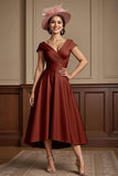 Dusty Rose Ruched A Line V-Neck Cap Sleeves Long Mother Of The Bride Dress