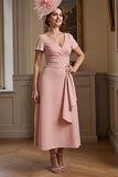 Dusty Sage Ruched Short Sleeves A Line Long Mother Of The Bride Dress