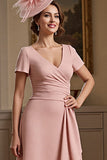 Dusty Sage Ruched Short Sleeves A Line Long Mother Of The Bride Dress