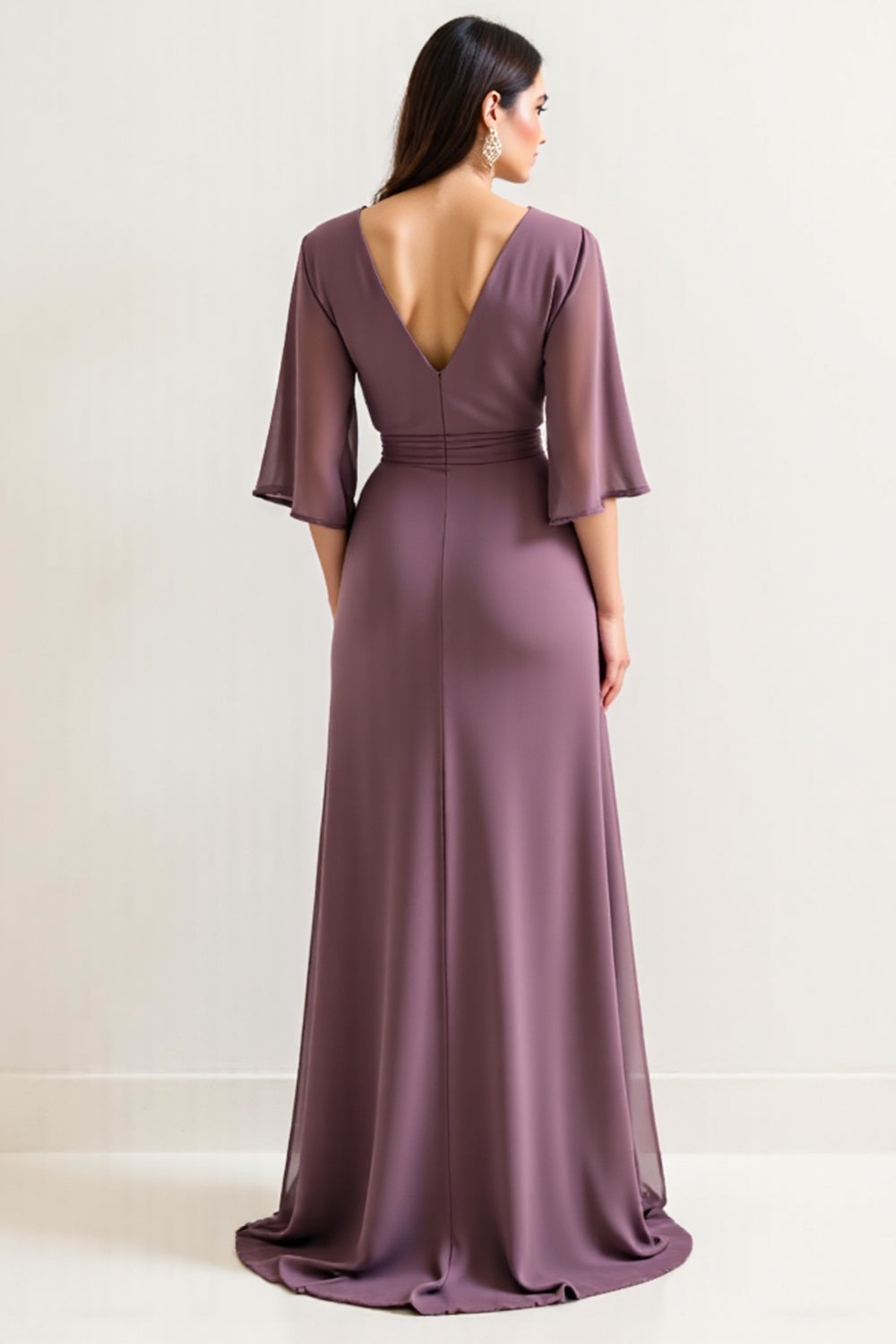 Purple Satin A Line V Neck Long Mother Of The Bride Dress With Slit