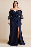 Navy Off The Shoulder Ruched Plus Size Long Mother Of The Bride Dress With Slit