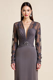 Sparkly Steel Grey Long Sleeves Beaded Sheath Mother Of The Bride Dress