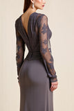 Sparkly Steel Grey Long Sleeves Beaded Sheath Mother Of The Bride Dress
