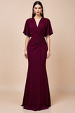 Burgundy Satin Mermaid Flutter Sleeves Long Mother Of The Bride Dress