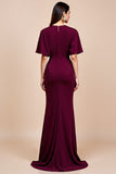 Burgundy Satin Mermaid Flutter Sleeves Long Mother Of The Bride Dress