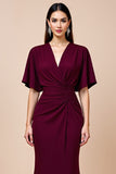 Burgundy Satin Mermaid Flutter Sleeves Long Mother Of The Bride Dress