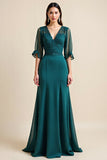 Peacock Blue Chiffon A Line Long Mother Of The Bride Dress with Half Sleeves