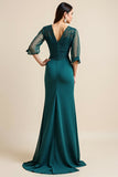 Peacock Blue Chiffon A Line Long Mother Of The Bride Dress with Half Sleeves