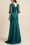 Peacock Blue Chiffon A Line Long Mother Of The Bride Dress with Half Sleeves