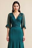 Peacock Blue Chiffon A Line Long Mother Of The Bride Dress with Half Sleeves