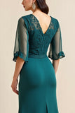 Peacock Blue Chiffon A Line Long Mother Of The Bride Dress with Half Sleeves