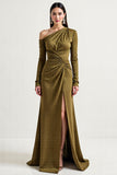 Olive Satin Long Sleeves One Shoulder Mother Of The Bride Dress With Slit