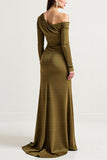 Olive Satin Long Sleeves One Shoulder Mother Of The Bride Dress With Slit