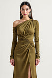 Olive Satin Long Sleeves One Shoulder Mother Of The Bride Dress With Slit