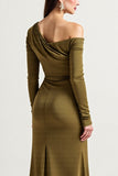 Olive Satin Long Sleeves One Shoulder Mother Of The Bride Dress With Slit