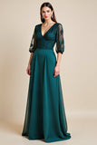 Peacock Blue Satin A Line V Neck Long Mother Of The Bride Dress With 3/4 Sleeves