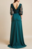 Peacock Blue Satin A Line V Neck Long Mother Of The Bride Dress With 3/4 Sleeves