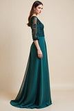 Peacock Blue Satin A Line V Neck Long Mother Of The Bride Dress With 3/4 Sleeves