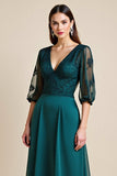 Peacock Blue Satin A Line V Neck Long Mother Of The Bride Dress With 3/4 Sleeves