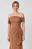 Brown Mermaid Off the Shoulder Long Mother of the Bride Dress with Ruffles