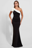 Black Satin Mermaid One Shoulder Ruffled Long Formal Dress