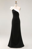 One Shoulder Mermaid Black Satin Long Formal Dress