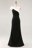 Black Satin Mermaid One Shoulder Ruffled Long Formal Dress