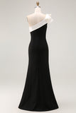 Black Satin Mermaid One Shoulder Ruffled Long Formal Dress