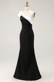 Black Satin Mermaid One Shoulder Ruffled Long Formal Dress