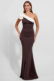 Black Satin Mermaid One Shoulder Ruffled Long Formal Dress