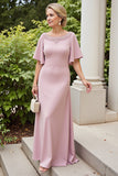 Dusty Rose Satin Sheath Long Mother of the Bride Dress with Half Sleeves