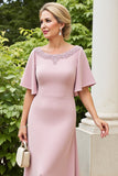 Dusty Rose Satin Sheath Long Mother of the Bride Dress with Half Sleeves