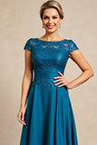 Peacock Blue A Line Cap Sleeves Long Mother of the Bride Dress with Lace